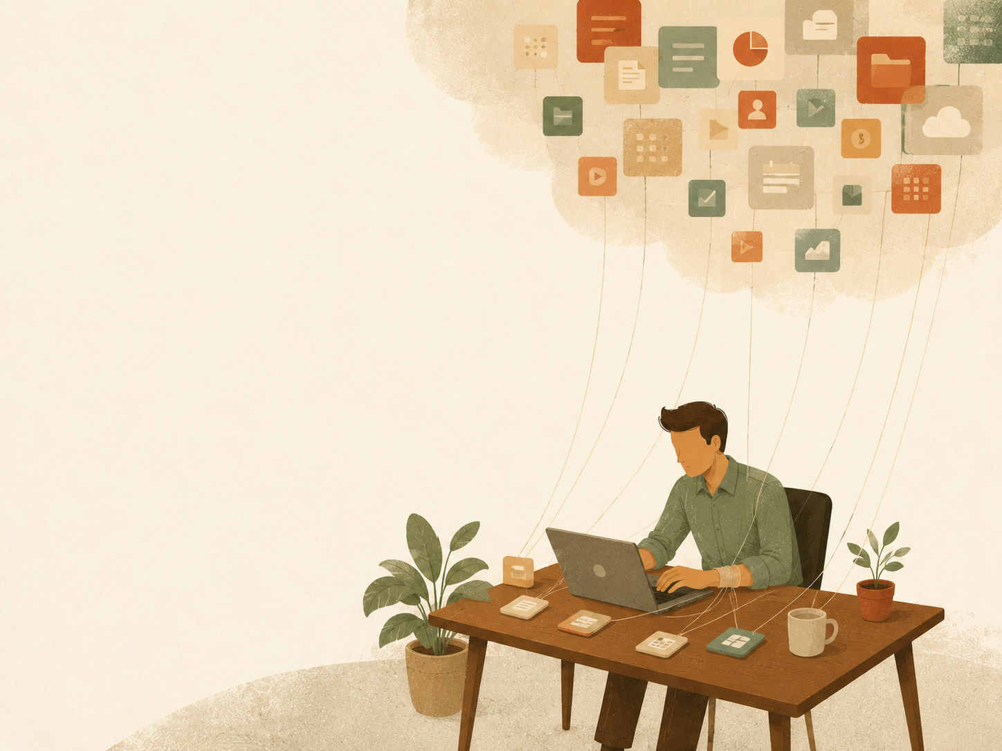 Illustration: eine Person arbeitet ruhig am Schreibtisch, während unbemerkt feine Fäden sie und ihre Software-Werkzeuge mit einer Wolke aus Diensten verbinden — Sinnbild für schleichende digitale Abhängigkeit.