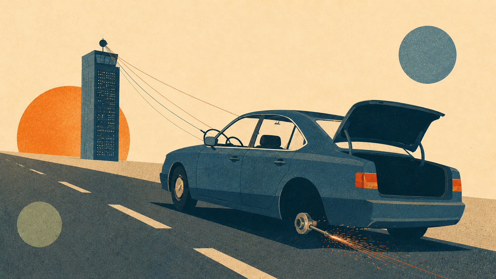 Illustration: ein Auto fährt ohne Reserverad auf der blanken Felge, Funken sprühen, während ein Kontrollturm es an Fäden lenkt – Sinnbild für digitale Abhängigkeit.